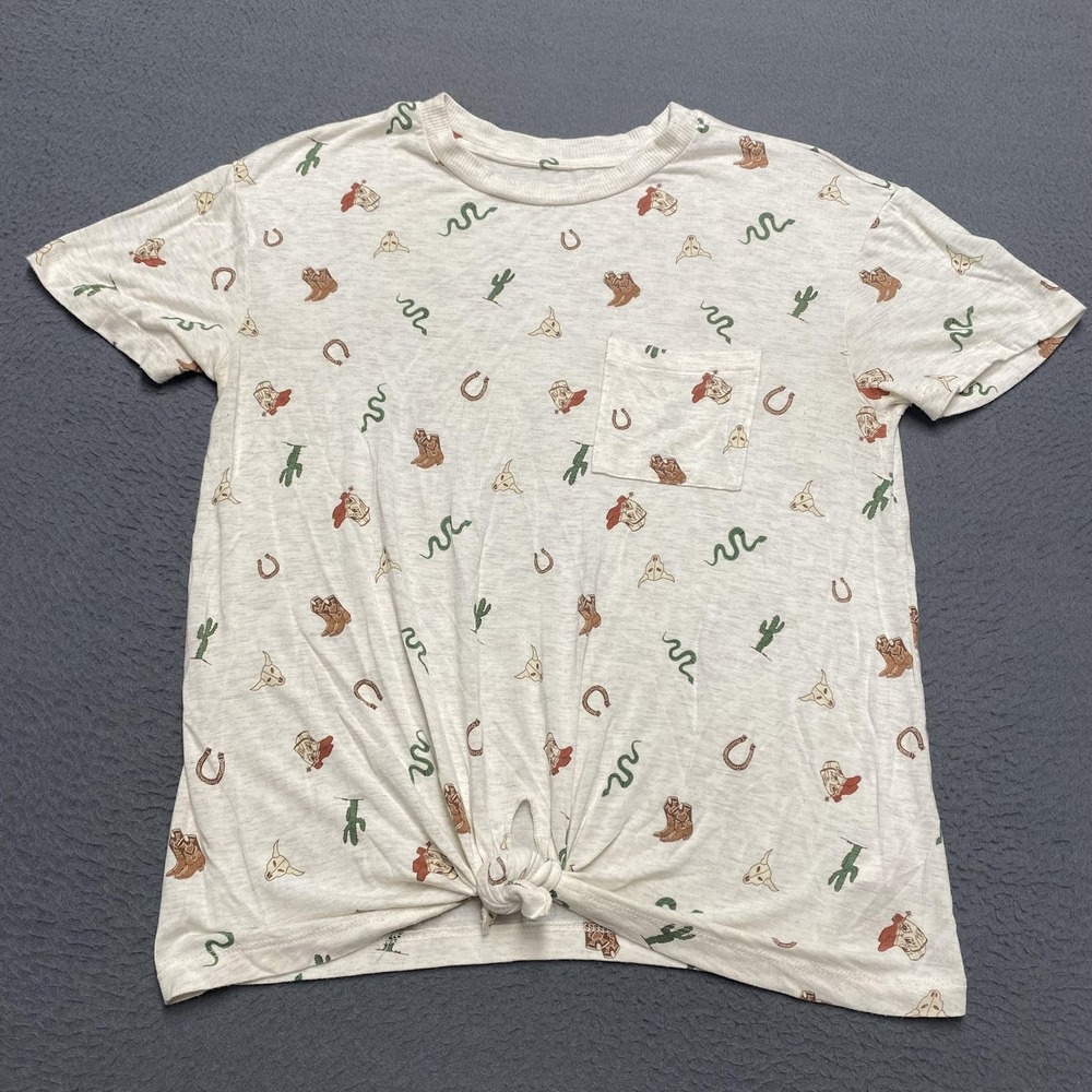 No Boundaries Shirt Juniors‎ Small Beige Western Allover Print Pocket Crew Neck